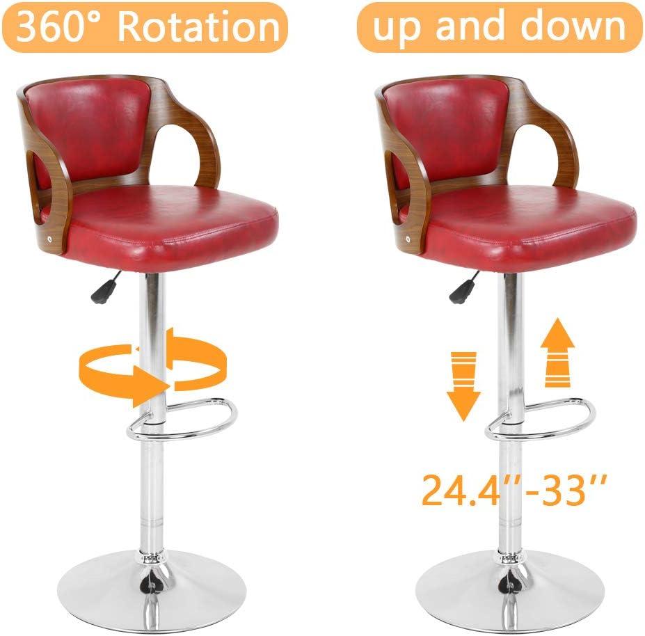 BestOffice Modern Bar Stool Set Of 2 Beech Barstools Height Adjustable Counter Stools PU Leather For Home Kitchen Dining Room Stools,Red