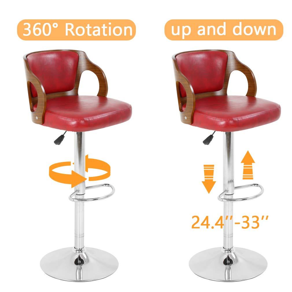 BestOffice Modern Bar Stool Set Of 2 Beech Barstools Height Adjustable Counter Stools PU Leather For Home Kitchen Dining Room Stools,Red