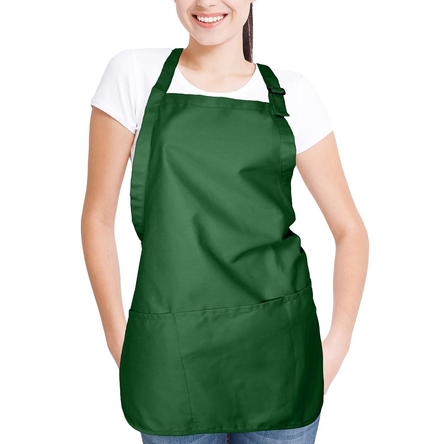 Dalix Waist Aprons Commercial Restaurant Home Bib Spun Poly Cotton Kitchen (3 Pockets) in Dark Green