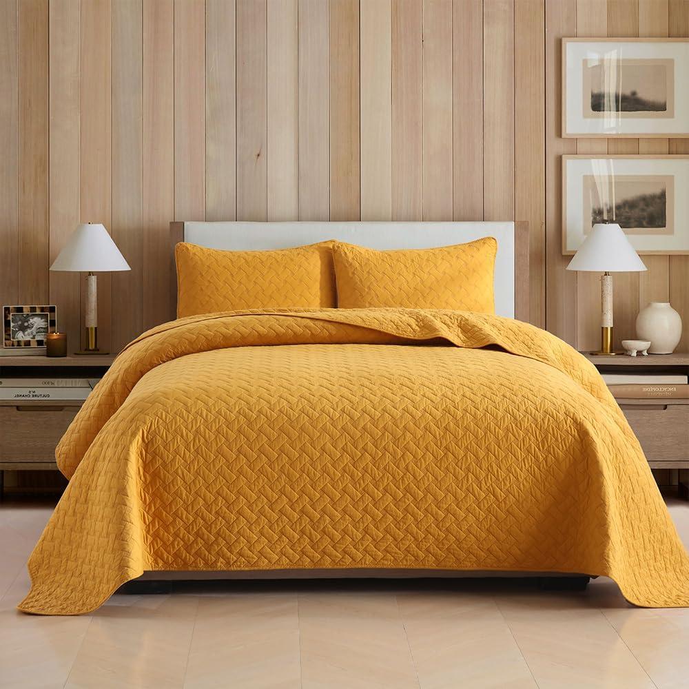 Cotton Quilt Bedding Sets Queen Size, 3 Pieces Reversible Lightweight Coverlets Comforters Bedspreads for All Seasons,Weave Stitching Pattern,Yellow
