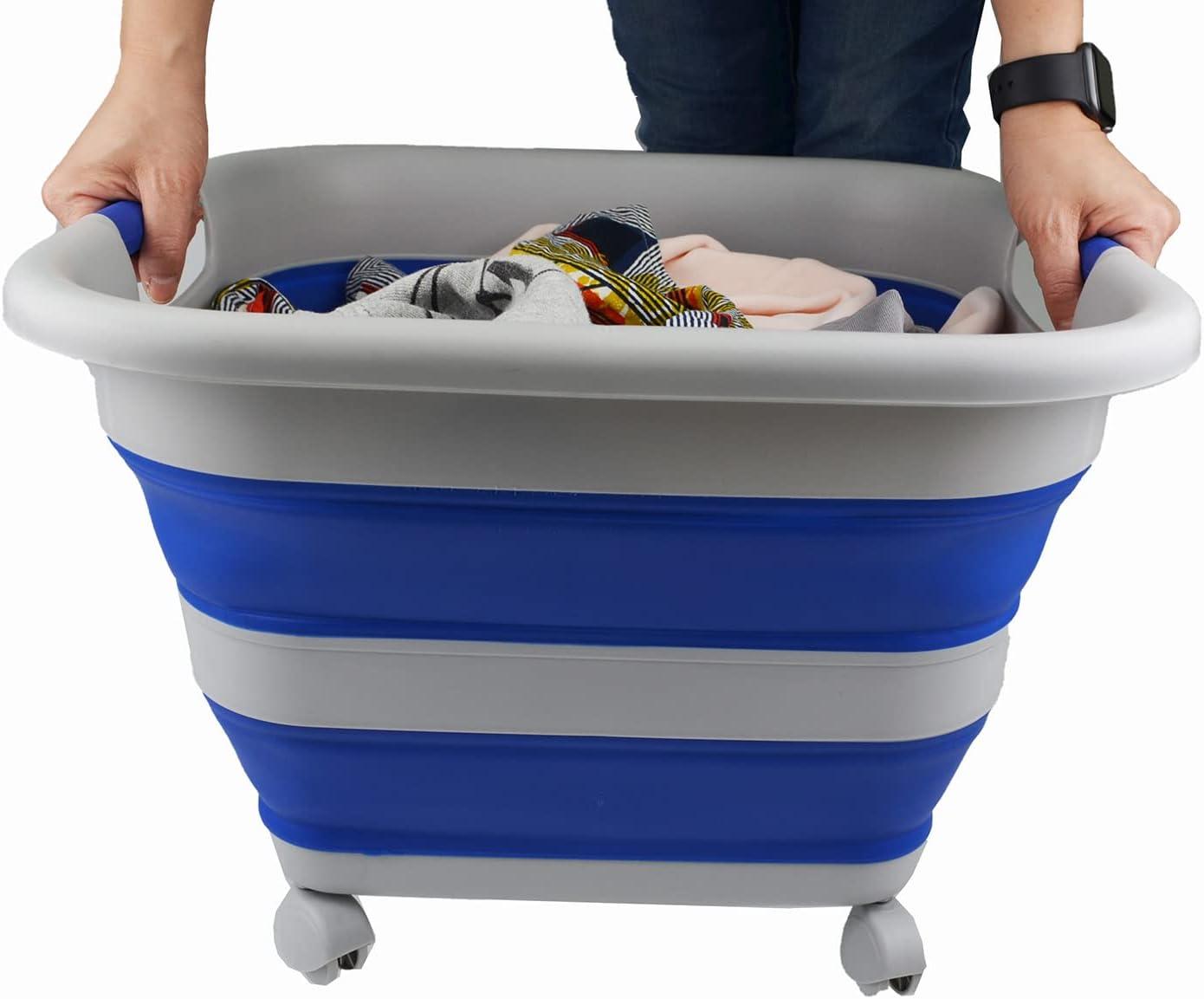 SAMMART 39L (10.3 Gallons)  Collapsible Plastic Laundry Basket with Wheels, Grey/Purplish Blue