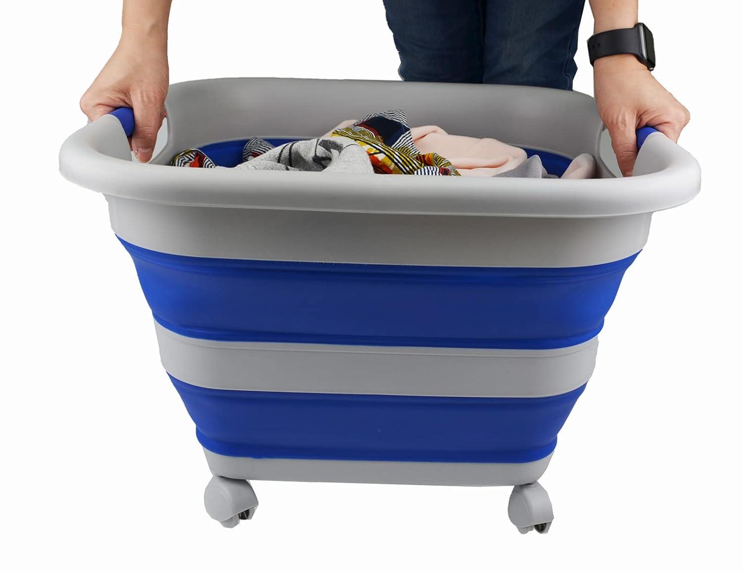 SAMMART 39L (10.3 Gallons)  Collapsible Plastic Laundry Basket with Wheels, Grey/Purplish Blue