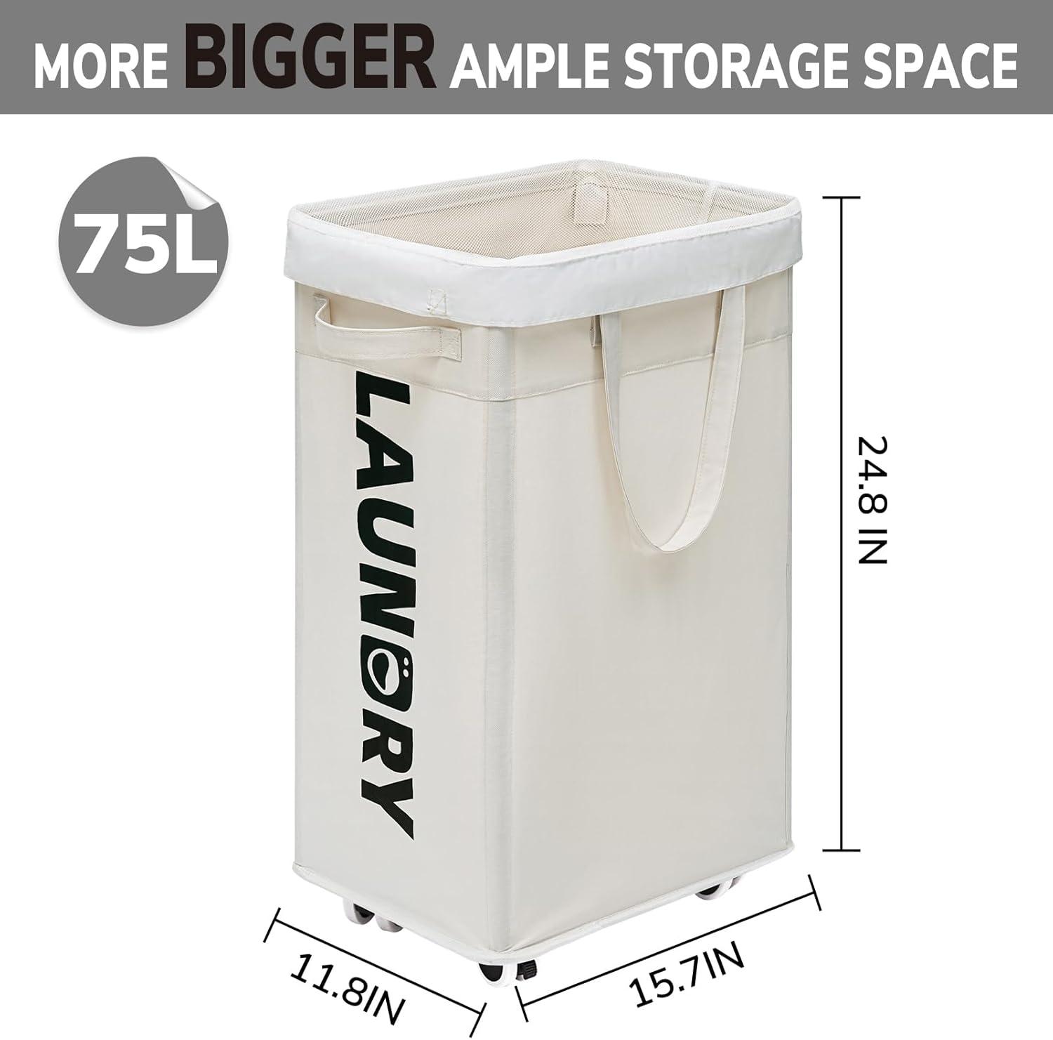 CHICVITA 2-Pack Laundry Baskets with Wheels and Handle,75L Collapsible Clothes Basket with Removable Wash Bags for Dorms and Corners, White Rolling Laundry Hamper