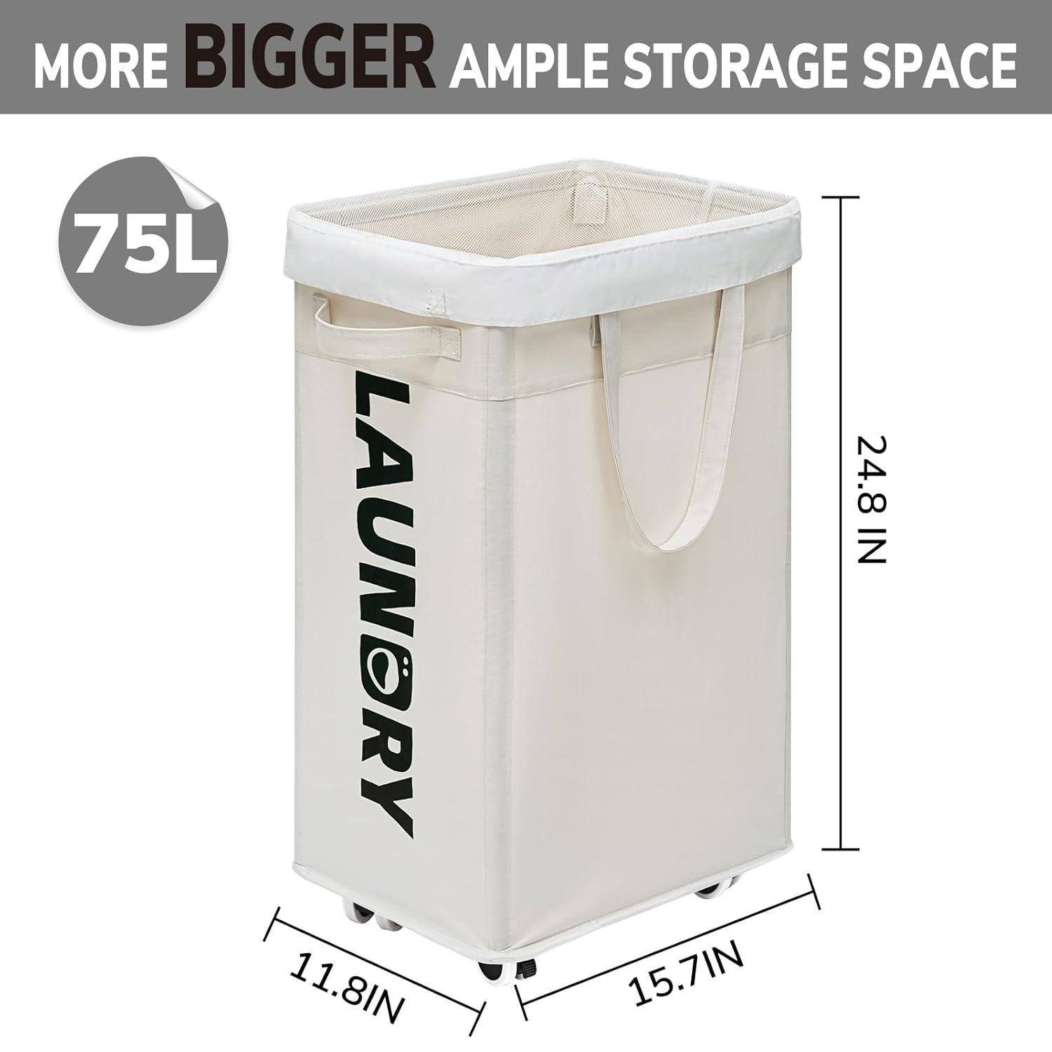 CHICVITA 2-Pack Laundry Baskets with Wheels and Handle,75L Collapsible Clothes Basket with Removable Wash Bags for Dorms and Corners, White Rolling Laundry Hamper