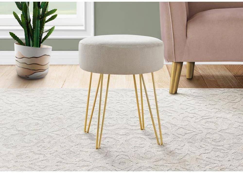 Ottoman, Pouf, Footrest, Foot Stool, 14" Round, Fabric, Metal Legs, Beige, Gold, Contemporary, Modern