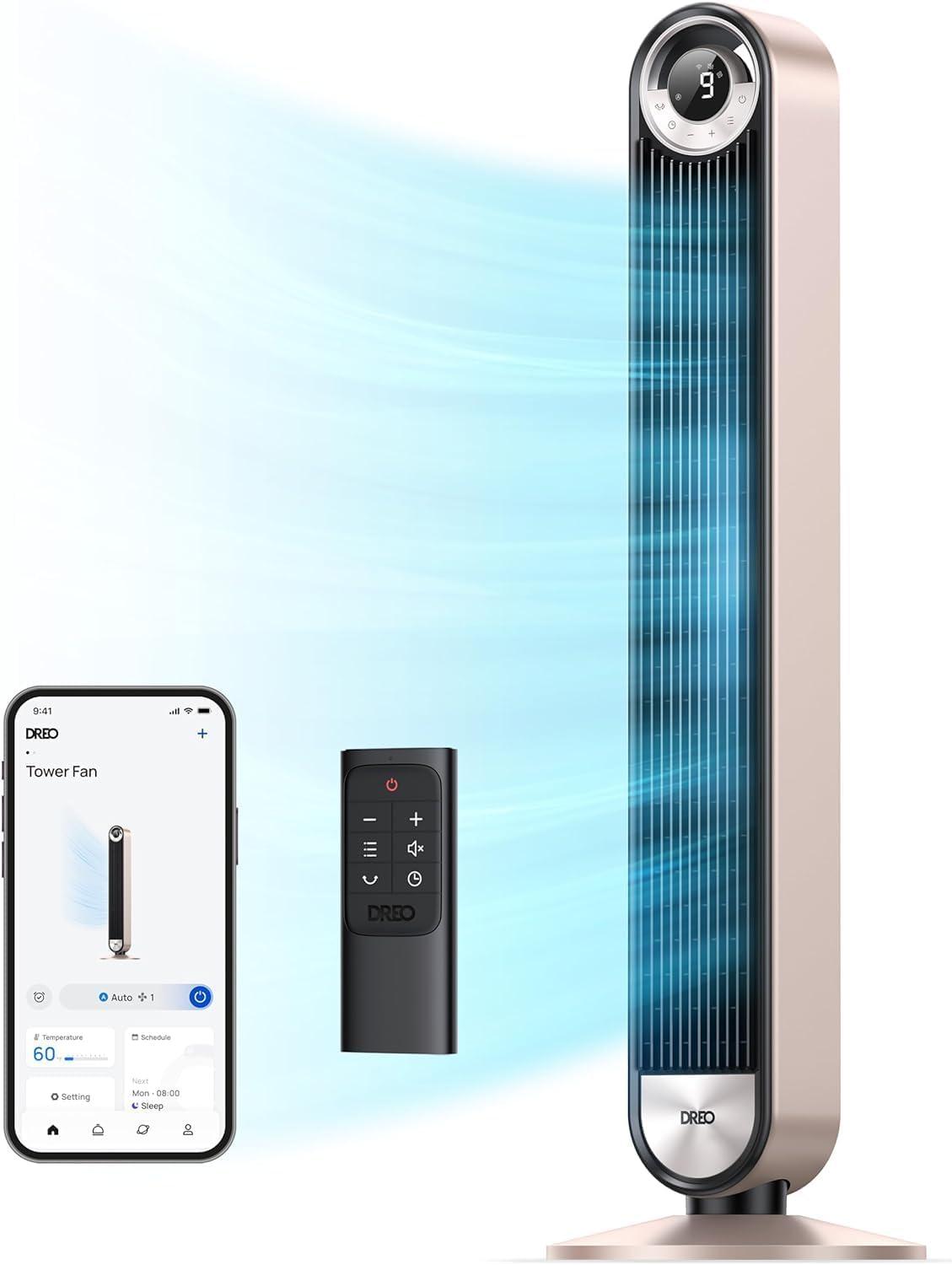 Dreo Smart Tower Fans for Home, 90° Oscillating Fan Bedroom Indoors, Voice Control Floor with 12H Timer, 42 Inch Quiet Bladeless Standing LED Display, 9 Speeds, Work Alexa/Google
