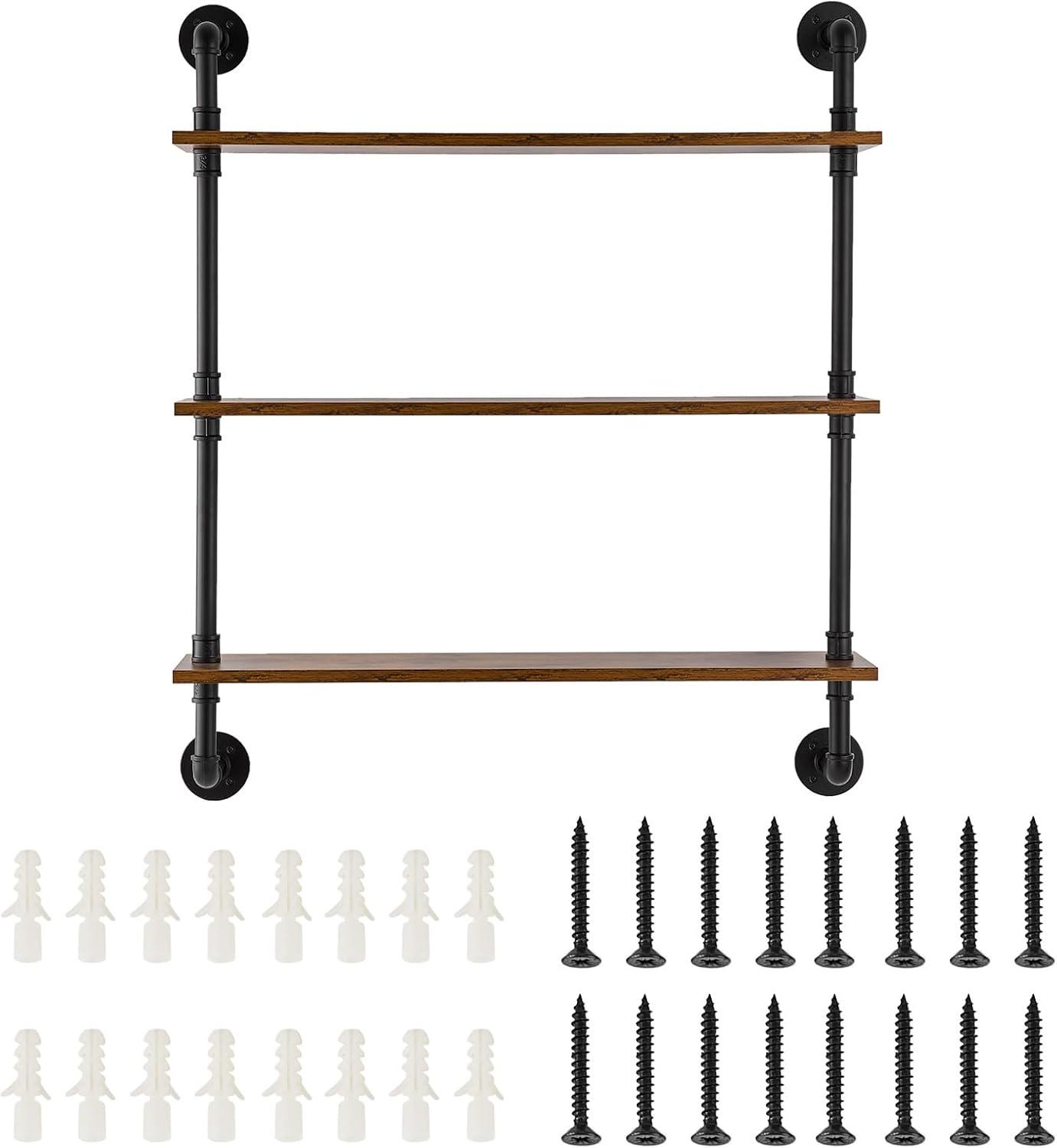 VEVOR Industrial Pipe Shelf, 3 Tier 32x7.87in, Wall-Mount Floating Rustic Wood Shelves Bracket Display Bookshelf, Storage Rack Sundries Holder for Kitchen Bedroom Bathroom Living Room, Black