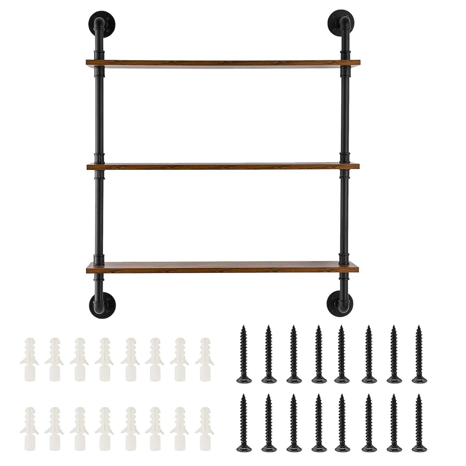 Industrial Pipe Shelf 3 Tier 8.07 in. W x 32.68 in. D Brown Wood Solid Decorative Wall Shelf Rustic Wood Shelves Bracket