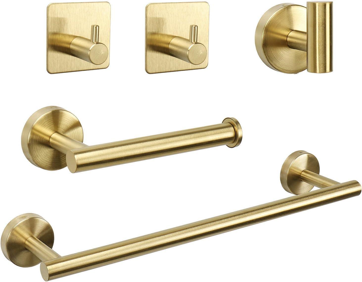 5 PCS Bathroom Hardware Set SUS304 Stainless Steel-Towel Rack Set Include Lengthen Hand Towel Bar+Toilet Paper Holder+3 Robe Towel Hooks Bathroom Accessories Towel Bar Set (Brushed Gold, 16IN)