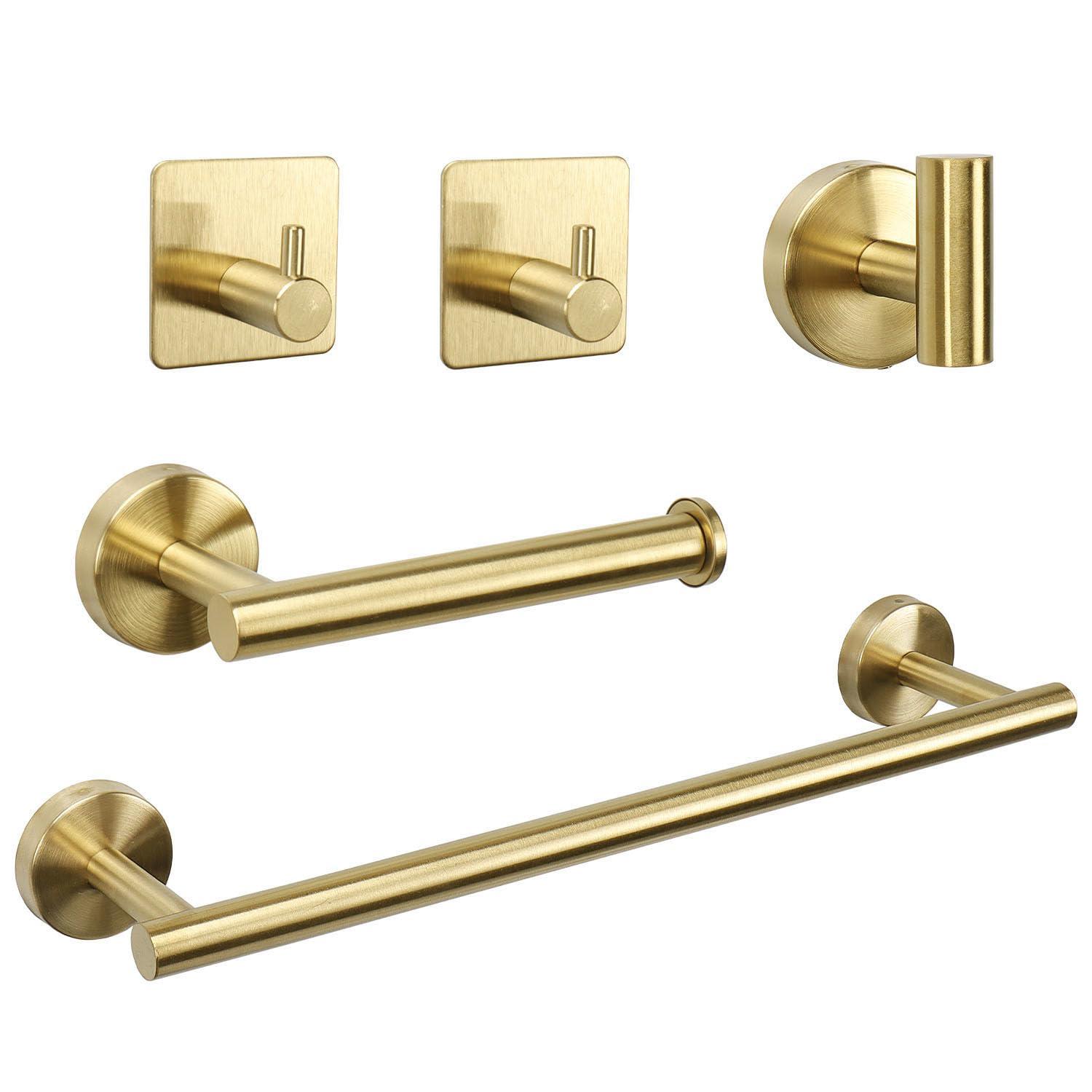 5 PCS Bathroom Hardware Set SUS304 Stainless Steel-Towel Rack Set Include Lengthen Hand Towel Bar+Toilet Paper Holder+3 Robe Towel Hooks Bathroom Accessories Towel Bar Set (Brushed Gold, 16IN)