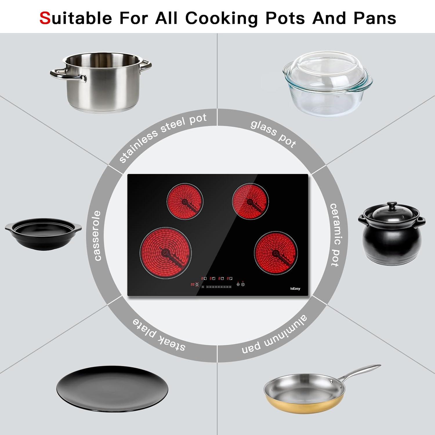 IsEasy 4 Burner Electric Cooktop 30 Inch Built-In Ceramic Cooktop Top, Electric Radiant Cooktop with Pause Function, Electric Stove Top, 220-240V 7200W, 9 Power Levels, Flexible Heating Zones