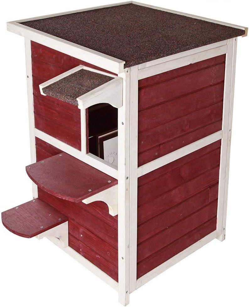 Petsfit 2-Story Weatherproof Outdoor Kitty Cat House/Condo/Shelter with Escape Door Red