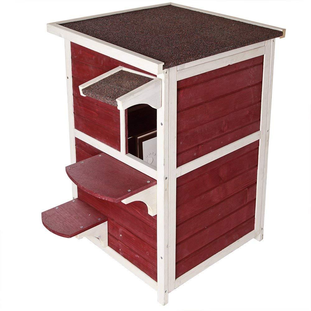 Petsfit 2-Story Weatherproof Outdoor Kitty Cat House/Condo/Shelter with Escape Door Red