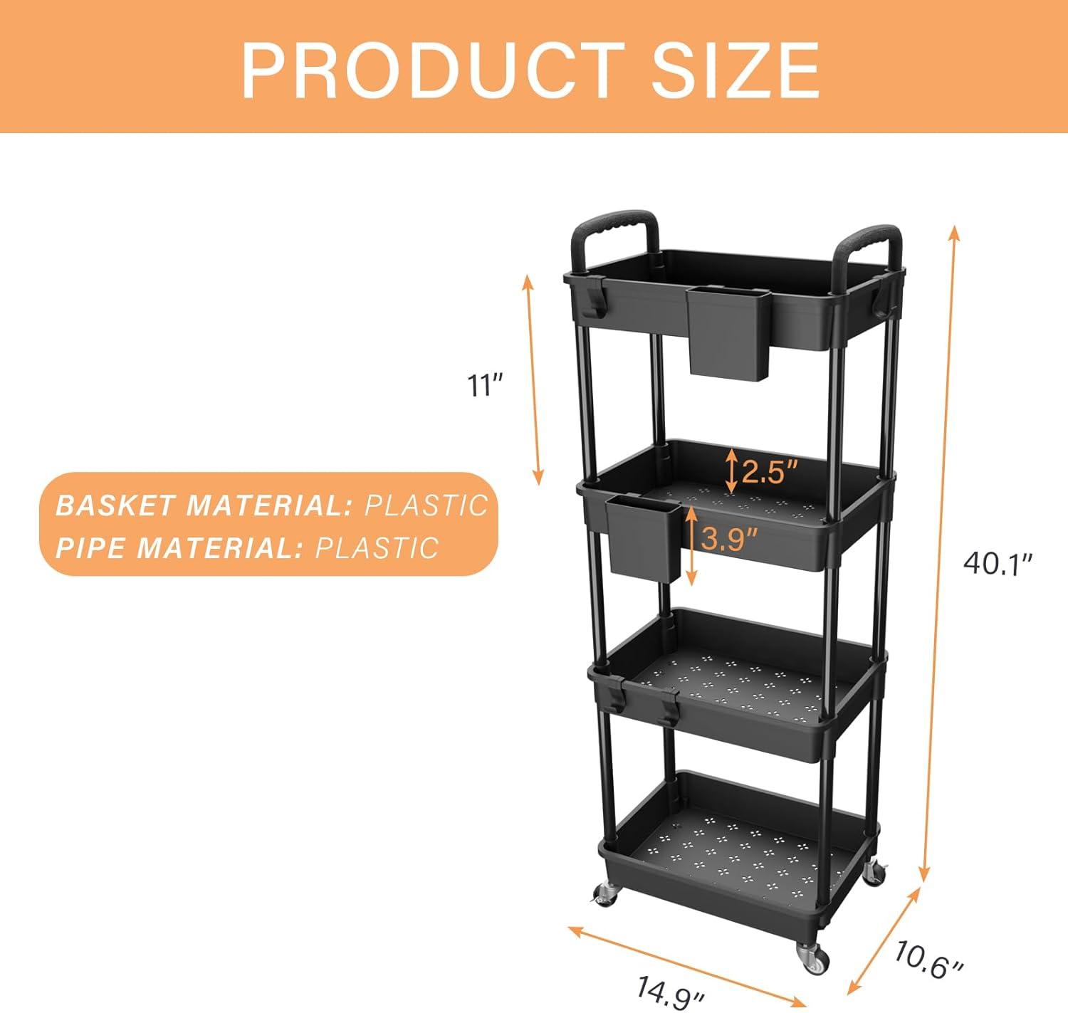 4 Tier Rolling Utility Cart with Handle,REBECAT Utility Cart Made of Multifunctional Storage Organizer Tool for Kitchen,Bathroom,Living Room,Office(Black)