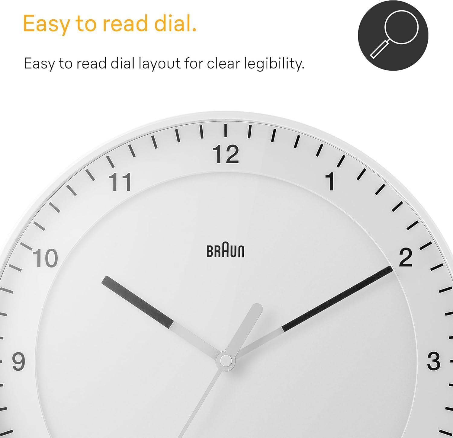 Braun Classic Large Analogue Wall Clock with Silent Sweep Movement, Easy to Read, 30cm Diameter in White, Model BC17W.