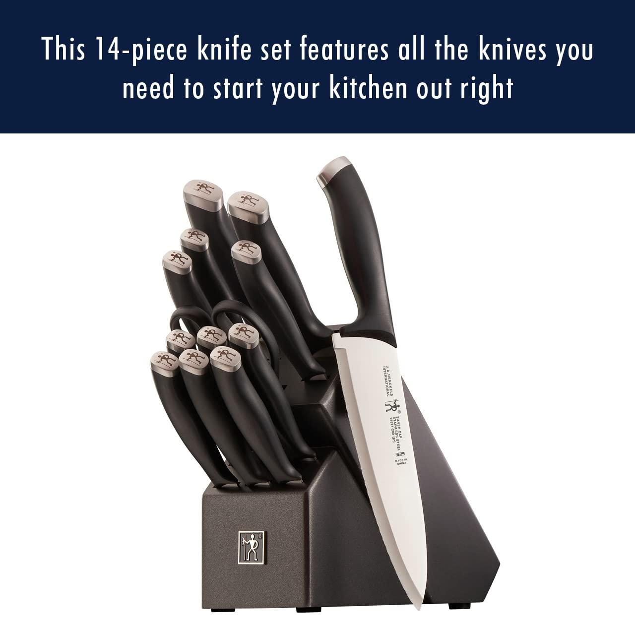 HENCKELS HENCKELS Silvercap 14 Piece Knife Set with Block, Chef Knife, Paring Knife, Utility Knife, Bread Knife, Steak Knife, Black, Stainless Steel