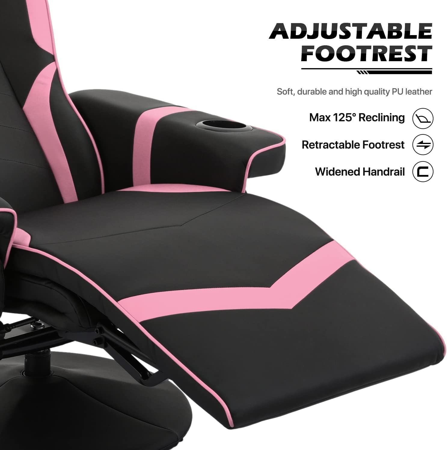 MoNiBloom Racing Style Pu Leather Ergonomic Adjusted Reclining Video Gaming Sofa Chair Seat with Adjustable Backrest and Footrest Cup Holder Pillow, Pink