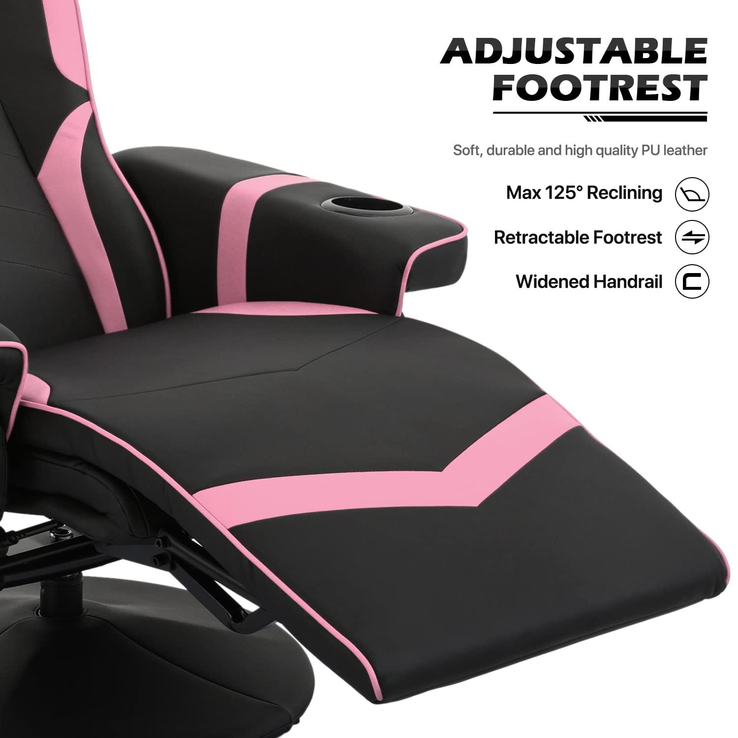 MoNiBloom Racing Style Pu Leather Ergonomic Adjusted Reclining Video Gaming Sofa Chair Seat with Adjustable Backrest and Footrest Cup Holder Pillow, Pink
