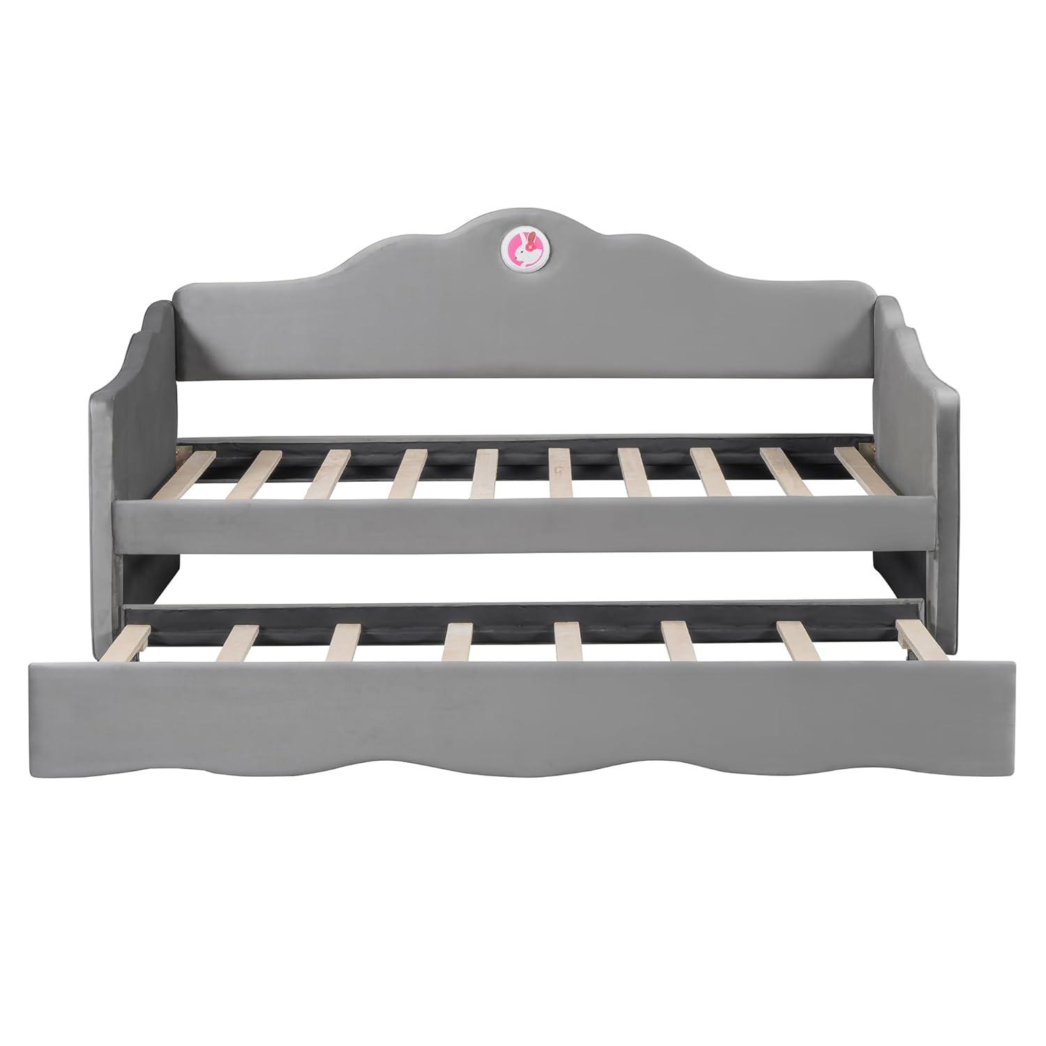 Ball & Cast Upholstered Twin Size Daybed with Trundle, Sofa Bed Frame with Wave-Shaped Back & Arm & Wood Slat Support, No Box Spring Needed, Gray