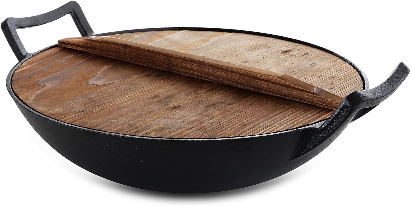 MegaChef 14 Inch Heavy Duty Cast Iron Wok with Wood Lid