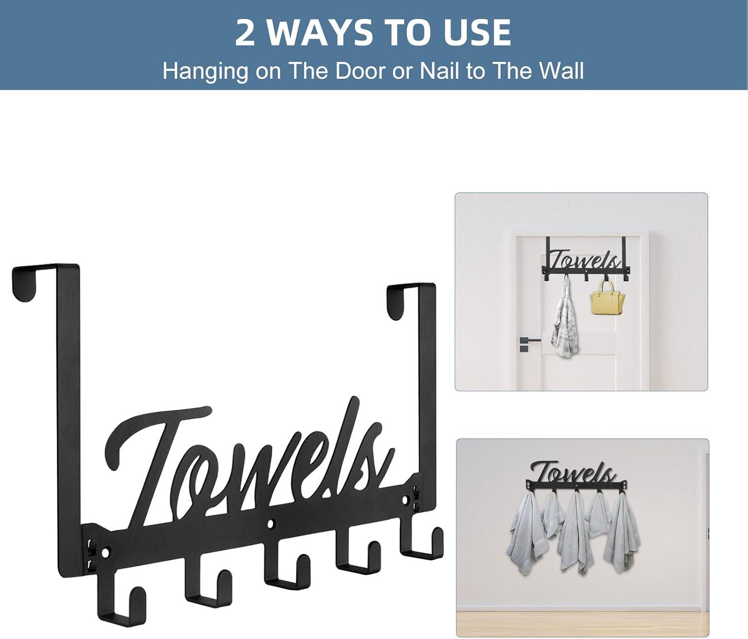 Over The Door Hooks - Heavy Duty Towel Rack with 6 Hooks for Bedroom, Bathroom, Kitchen - Holds Towels, Bags, Coats, Hats - Black