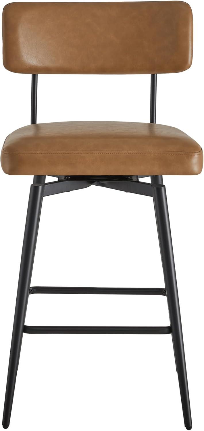 Watson & Whitely Swivel Counter Height Bar Stool Chairs Set of 2, 27.4" Faux Leather Upholstered Counter Stools with Back and Metal Frame, Saddle Brown