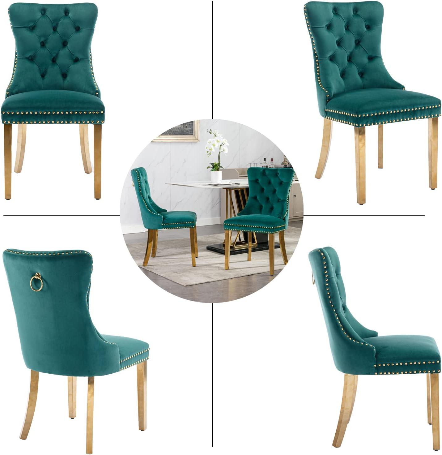 ODUSE-DAILY Green Velvet Dining Chairs Set of 4, Kitchen & Dining Room Chairs, Nailheads Tufted, Sillas De Comedor, Fabric Upholstered, Golden Metal Legs (Green, 4 Pcs)