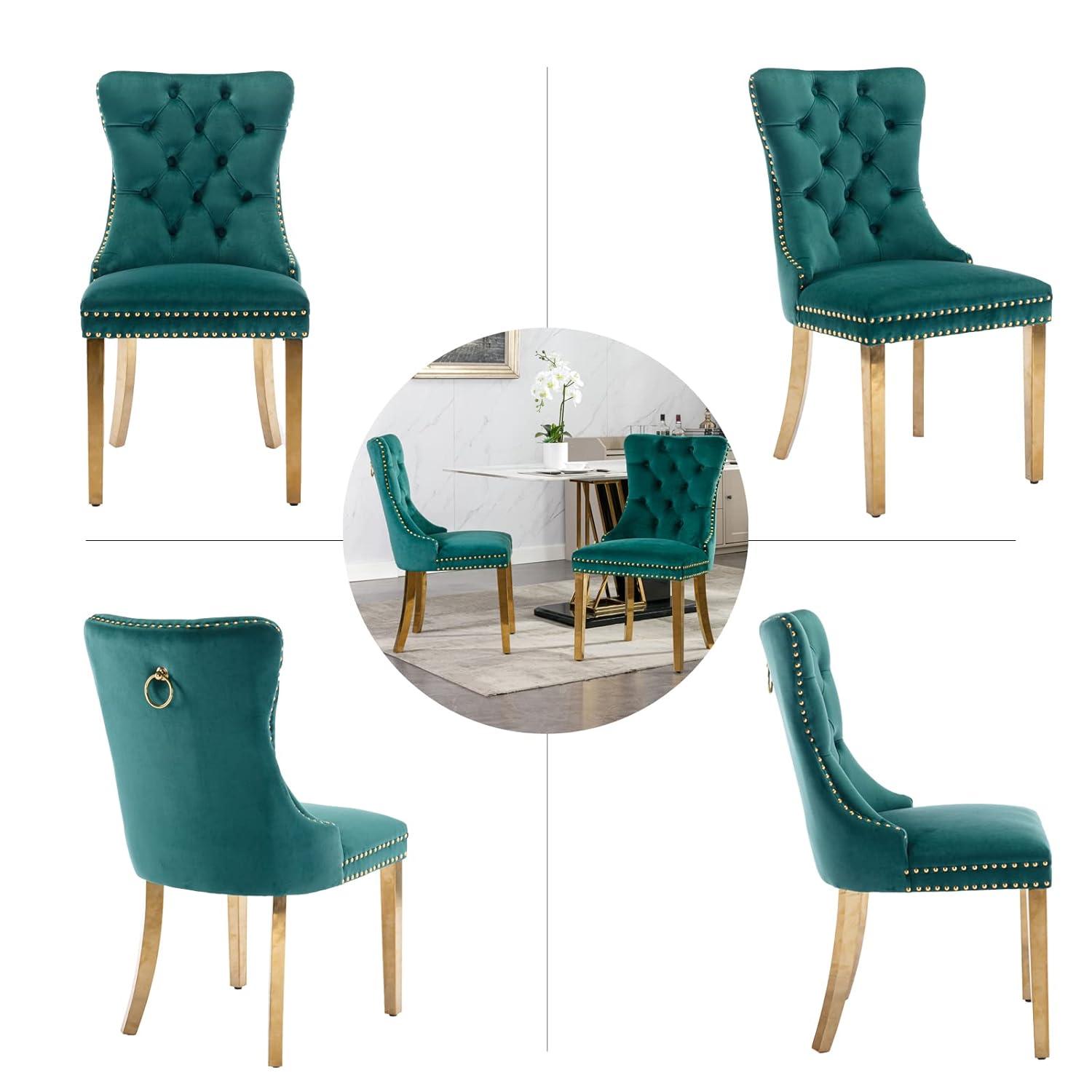 ODUSE-DAILY Green Velvet Dining Chairs Set of 4, Kitchen & Dining Room Chairs, Nailheads Tufted, Sillas De Comedor, Fabric Upholstered, Golden Metal Legs (Green, 4 Pcs)