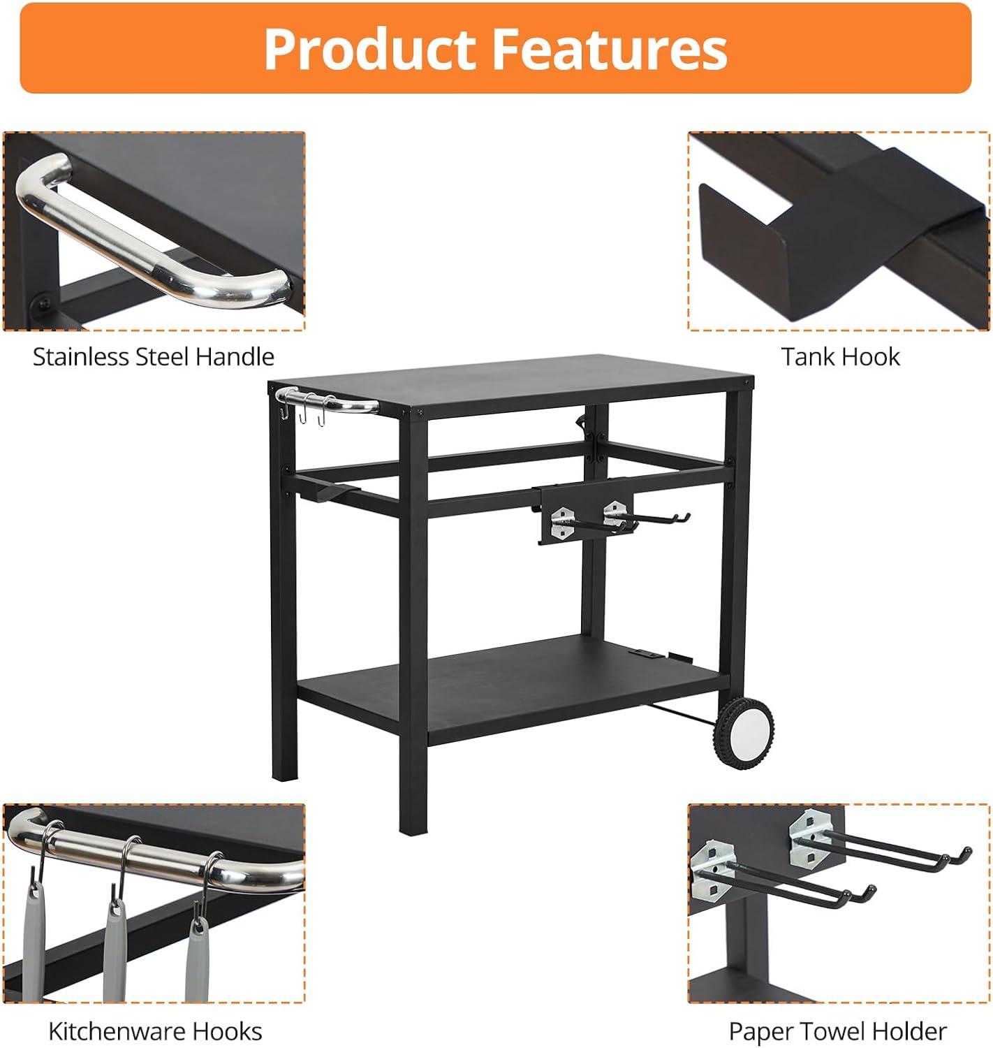Outvita Outdoor Grill Cart, Movable Food Prep and Work Cart Table, Pizza Oven Stand Table with Wheels, Indoor & Outdoor Multifunctiona BBQ Cart with Mesh Racks for Home Party Camping