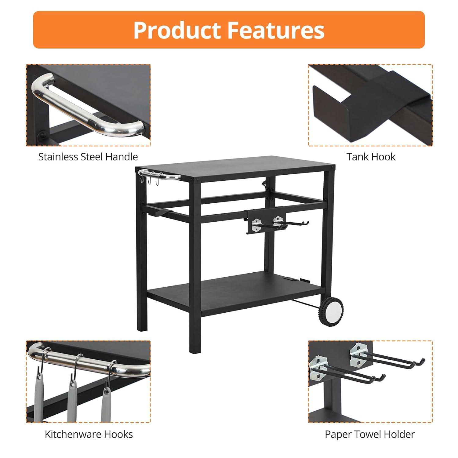 Outvita Outdoor Grill Cart, Movable Food Prep and Work Cart Table, Pizza Oven Stand Table with Wheels, Indoor & Outdoor Multifunctiona BBQ Cart with Mesh Racks for Home Party Camping