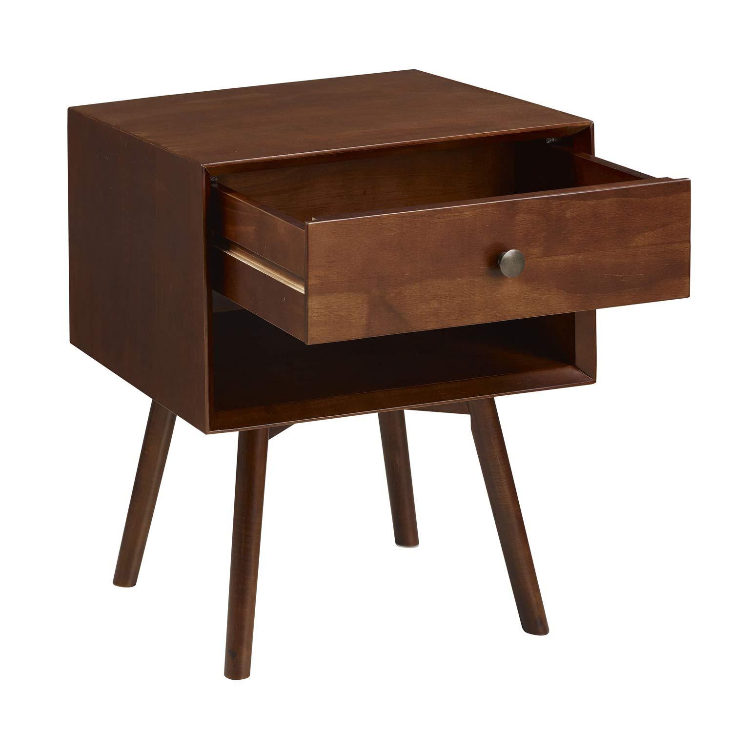 Mid-Century Modern Single-Drawer Solid Wood Nightstand - Walnut