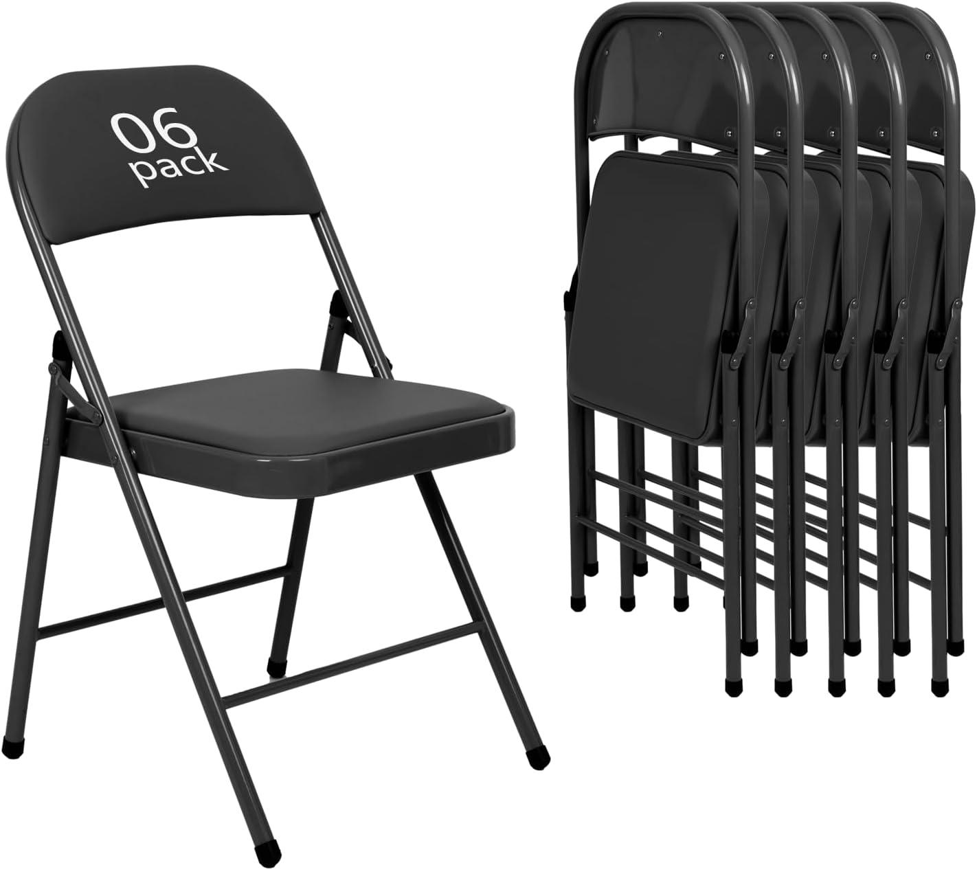 6 Pack Gray Folding Chairs with Padded Cushion and Back for Outside Portable Stackable Commercial Foldable Chairs with Steel Frame for Events Office Wedding Party, 330lbs Capacity