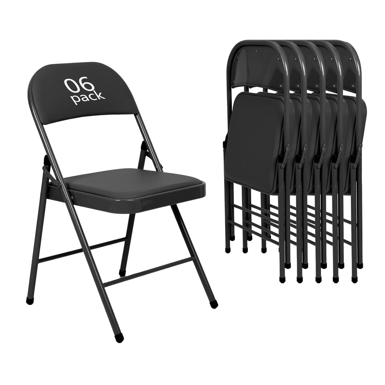 6 Pack Gray Folding Chairs with Padded Cushion and Back for Outside Portable Stackable Commercial Foldable Chairs with Steel Frame for Events Office Wedding Party, 330lbs Capacity