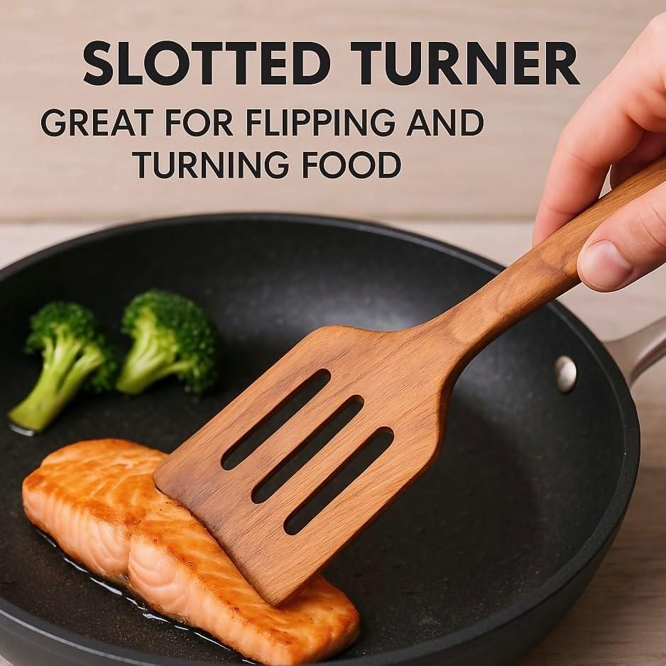 Zulay 9-Piece Teak Wooden Utensils For Cooking, Smooth Finish Kitchen Utensils Set with Gift Box