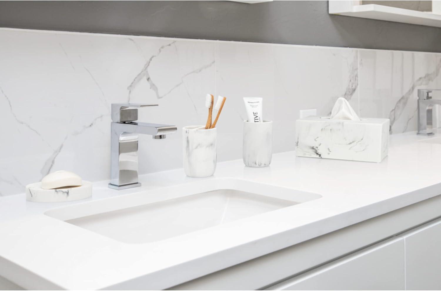 Essentra Home Rectangular Tissue Box Cover, White Marble Heavy Facial Tissue Holder – Blanc Collection