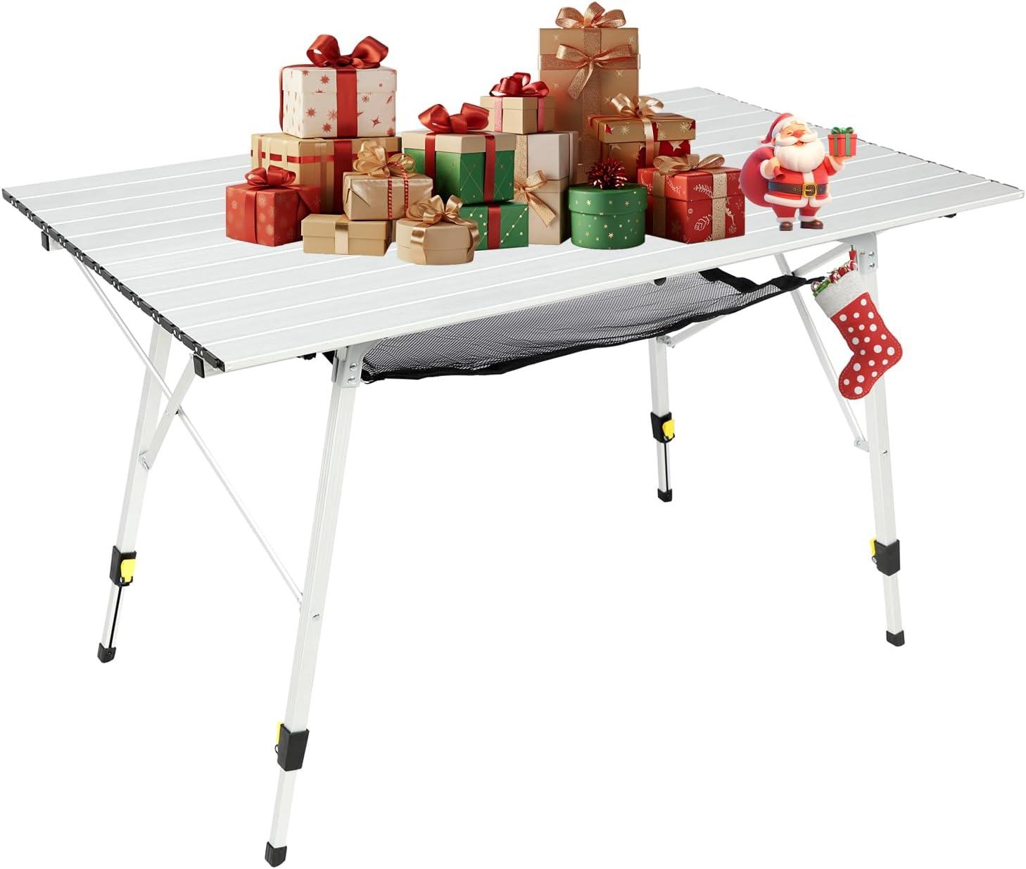 PORTAL Outdoor Folding Portable Picnic Camping Table with Adjustable Height Aluminum Roll Up Table Top Mesh Layer, Silver