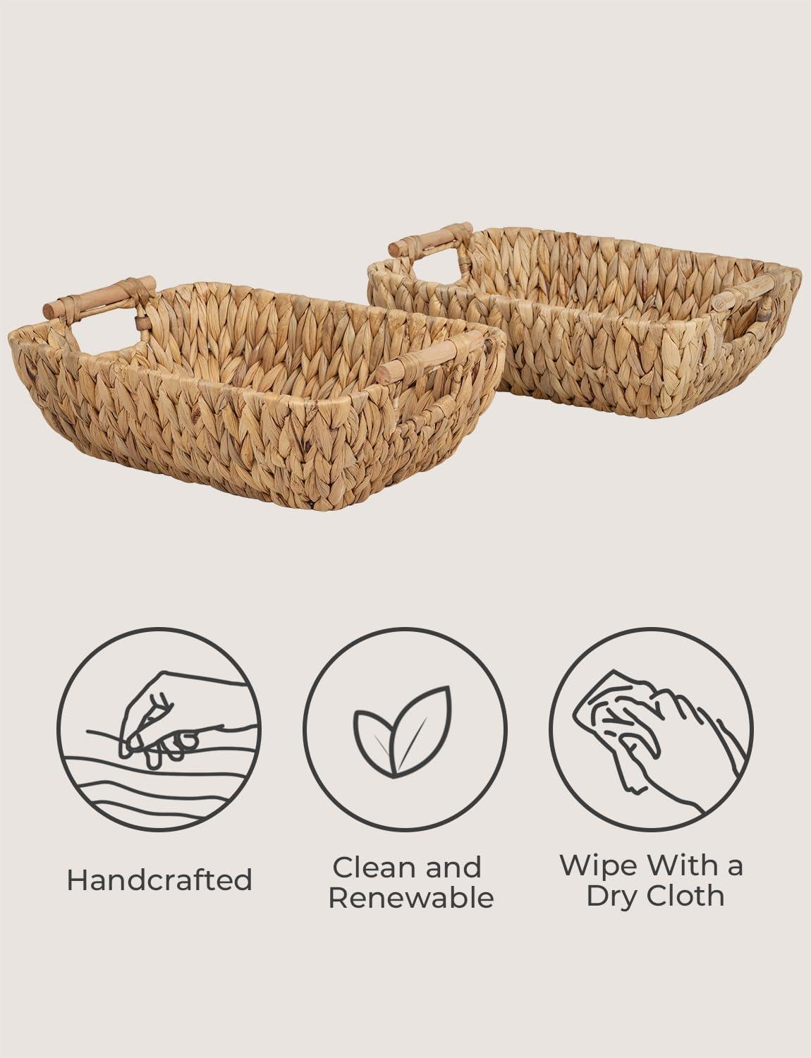 Natural Water Hyacinth Wicker Storage Baskets with Wooden Handles, 2-Pack