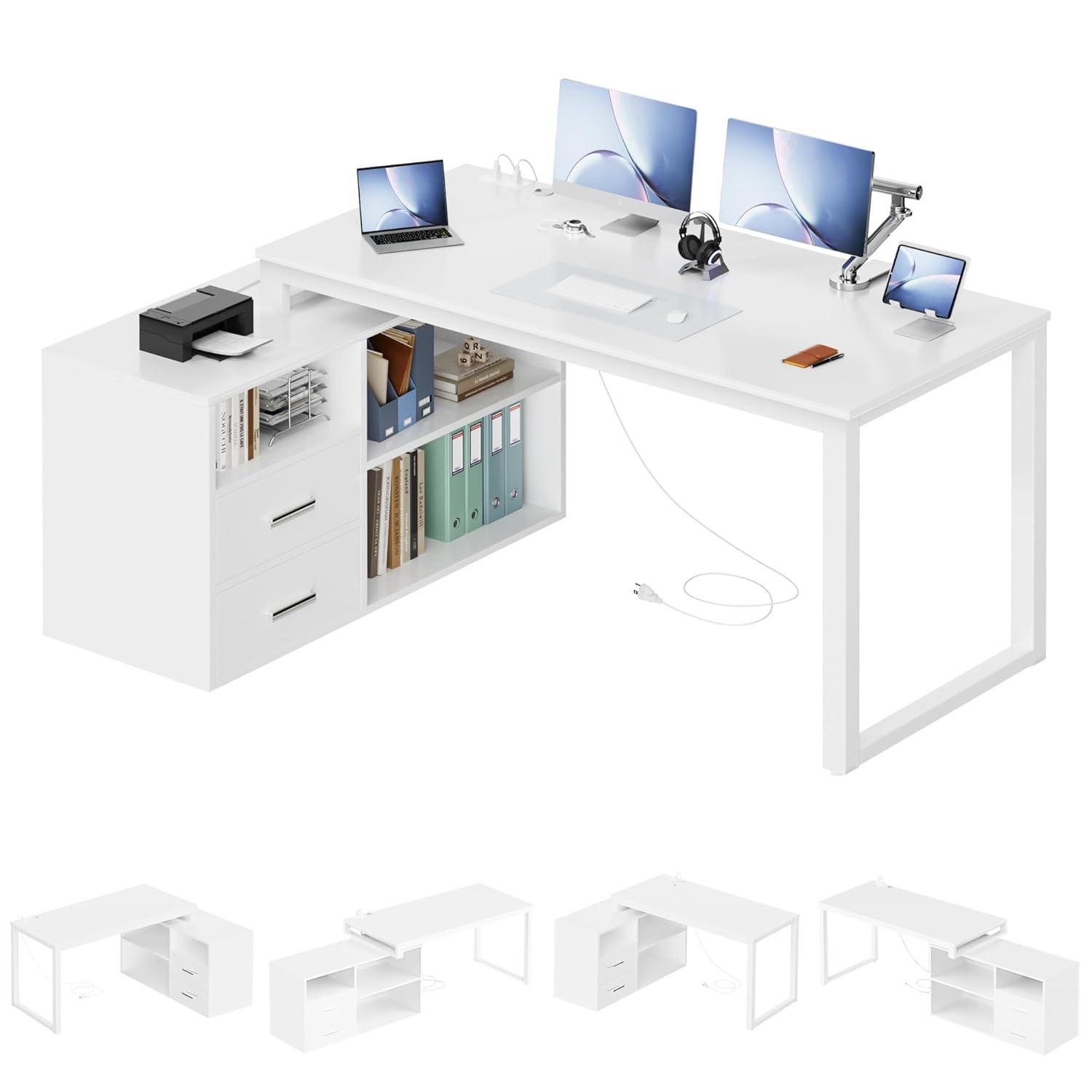 Furmax 55" L-Shaped Corner Computer Desk with File Cabinet, Power Outlet, Home Office Desk with 2 Drawers and 3 Storage Shelve, Workstation Executive Desk with Storage Shelf for Home Office, White
