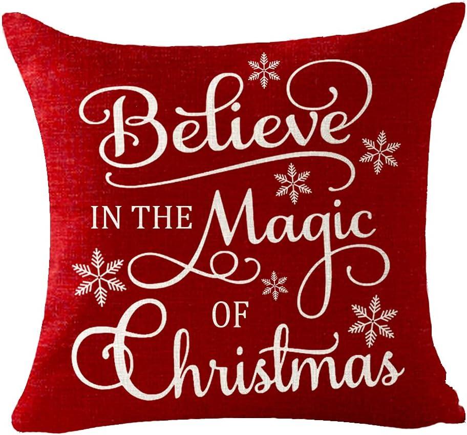 Set of 4 Merry Christmas Believe Reindeer Tree Best Gift Square Pillowcase Decorative Throw Pillow Cover Cushion Case Cotton Linen Material 18" x18'' (Beige&Red)