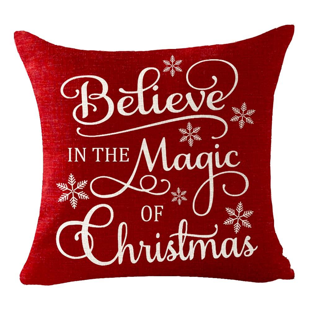 Set of 4 Merry Christmas Believe Reindeer Tree Best Gift Square Pillowcase Decorative Throw Pillow Cover Cushion Case Cotton Linen Material 18" x18'' (Beige&Red)