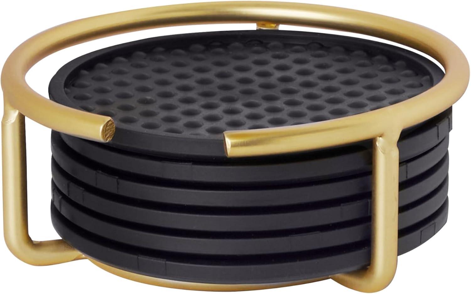 Spectrum Diversified Euro Drink Coasters with Holder - Home Décor Absorbent Coaster Set of 6 for Tabletop Protection, Gold