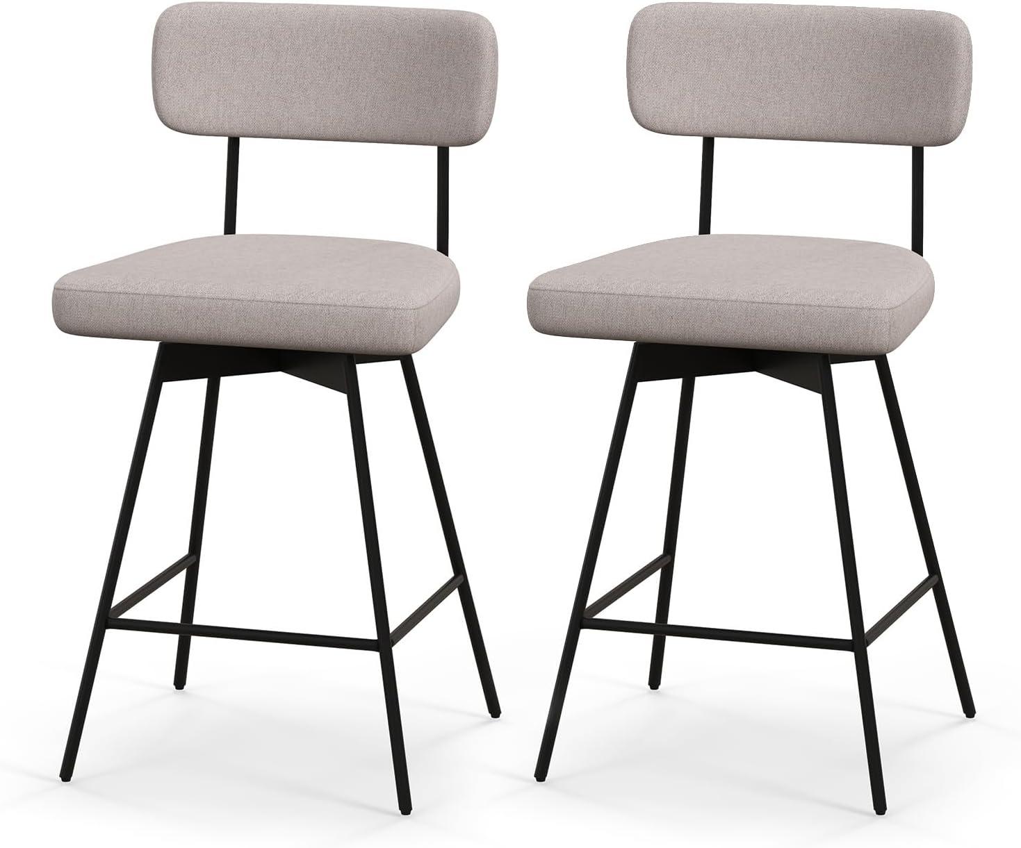 Drevy Bar Stools Set of 2, 25” Upholstered Counter Height Bar Stools with Back, 360° Swivel Dining Chairs with Heavy-Duty Metal Legs and Footrests, for Kitchen Island, Dining Room, Bar (2, Beige)