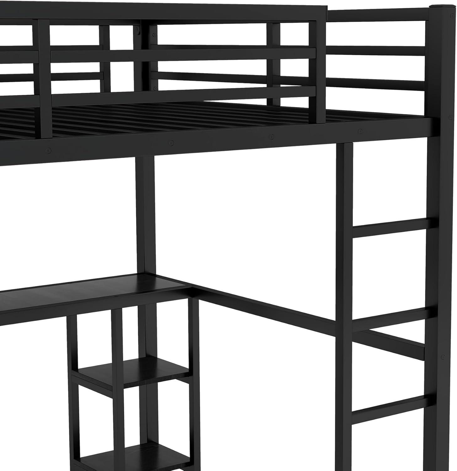 Bellemave Queen Size Loft Bed with Desk and Wardrobe Metal Loft Bed with Storage Shelves Loft Bed Frame with Guardrails for Kids, Teens, No Box Spring Needed (Queen, Black)