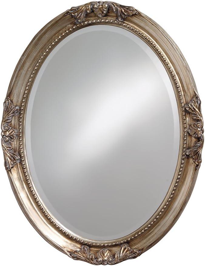 Antique Silver Oval Wood Wall Mirror with Beaded Frame