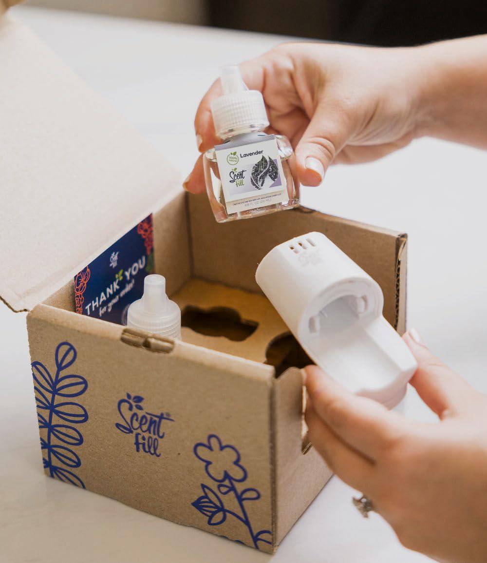 Scent Fill 100% Natural Lavender Plug in Air Freshener Starter Kit, Scented Oil Refills, 2 Refills + Diffuser