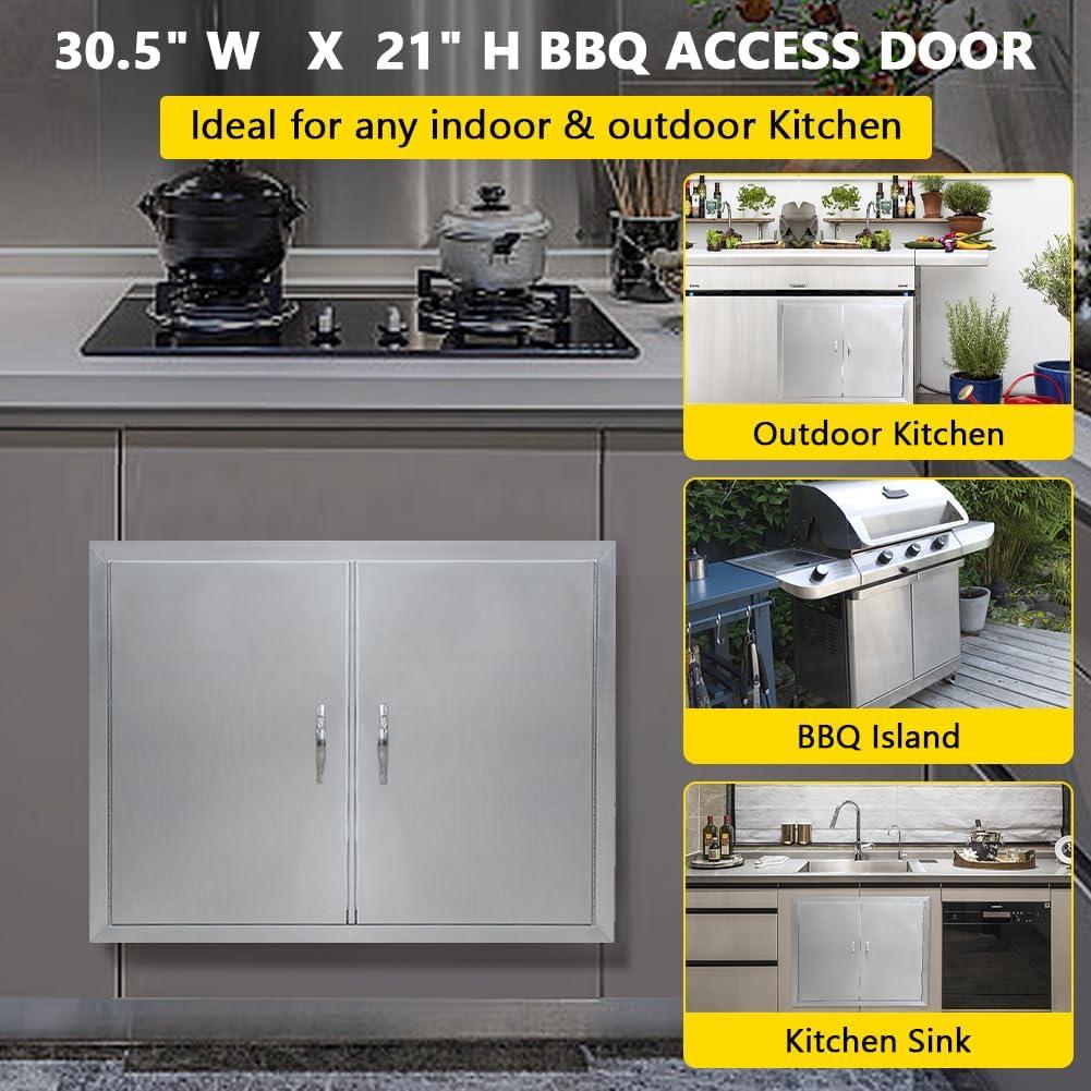 BBQ Access Door 30.5" W x 21" H, Grill Door Double Door Brushed Stainless Steel, Outdoor Kitchen Doors for BBQ Island Grilling Station