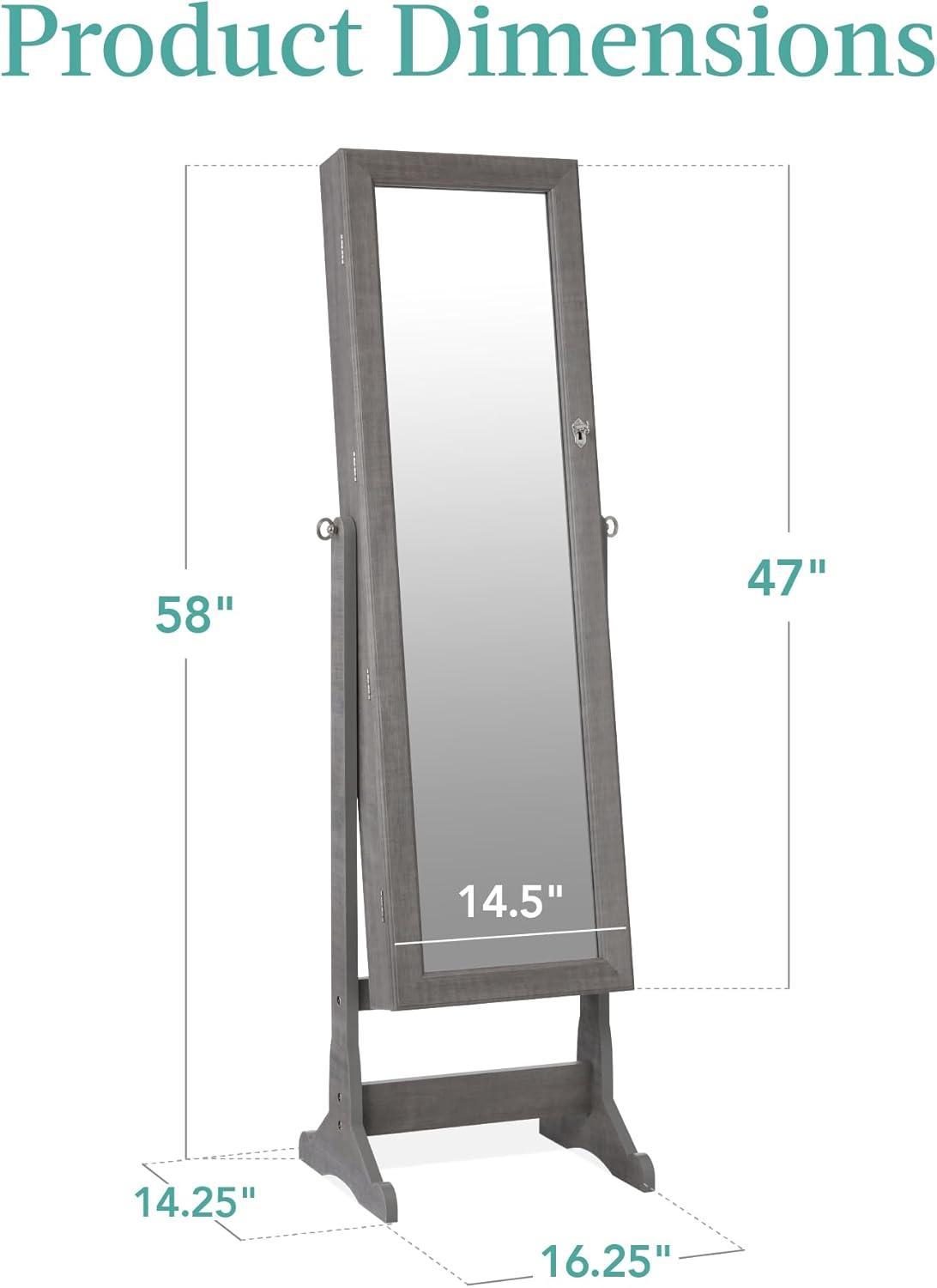 Best Choice Products Jewelry Armoire Cabinet, Full Length Mirror w/ Velvet Storage Interior, Lock - Gray Oak