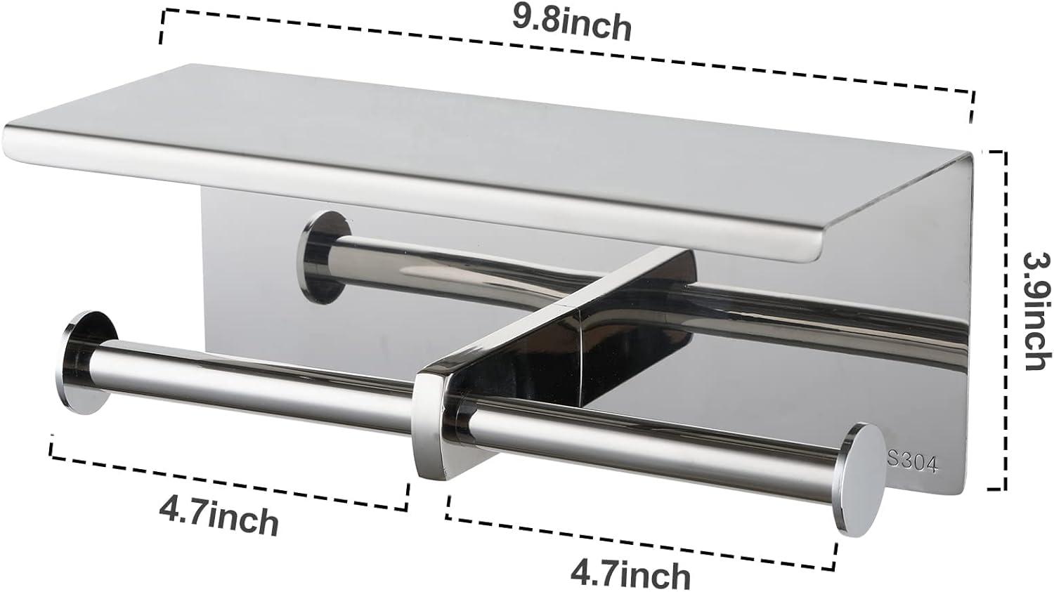 Brushed Nickel Toilet Paper Holder with Shelf – Heavy Duty 304 Stainless Steel Wall Mount Double Roll Holder, Fits Mega Rolls & Holds Phone – Rustproof Bathroom Organizer