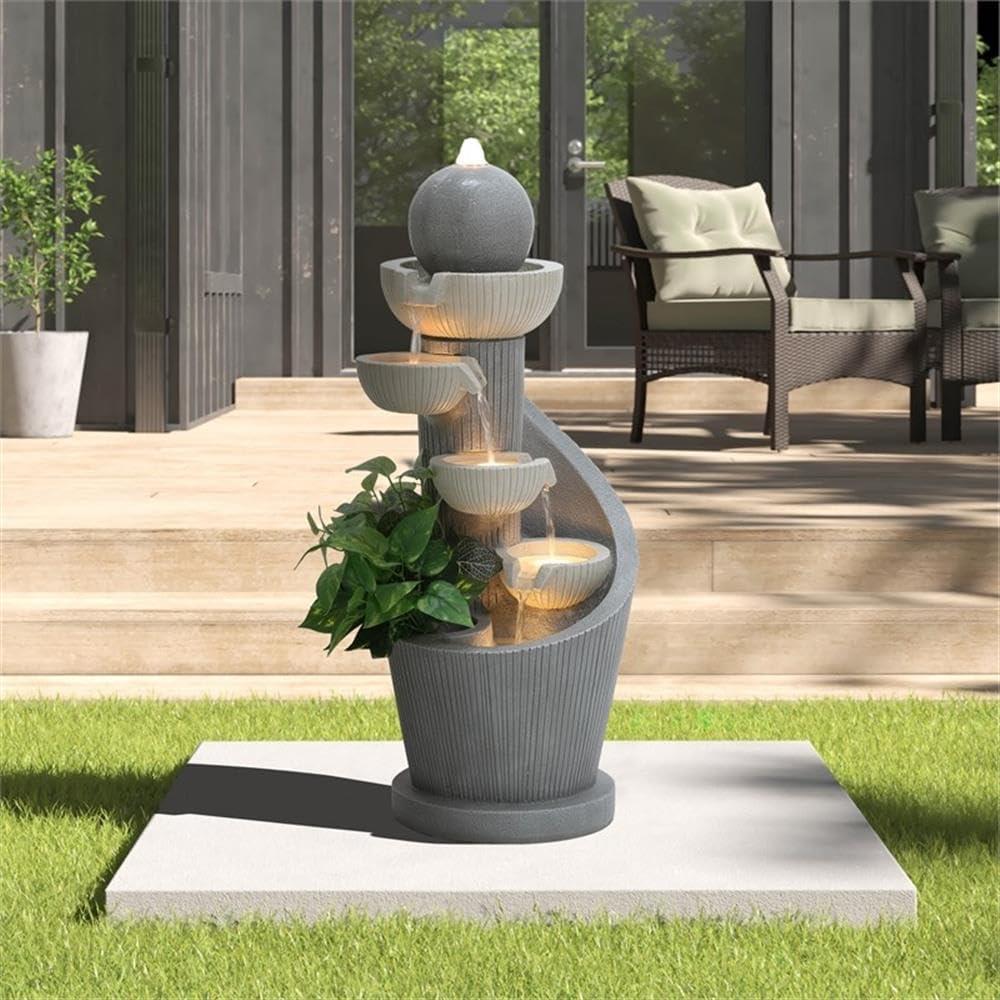 LuxenHome Gray Resin Spiral Sculpture with Bubbler 5-Tier Outdoor Fountain with Lights