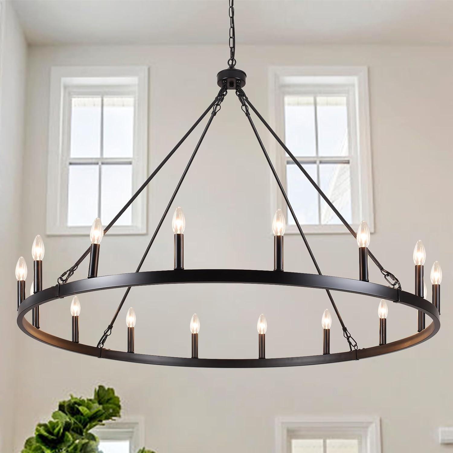 16-Lights Wagon Wheel Chandelier 47 Inch Black Farmhouse Chandelier Large Chandeliers for High Ceilings Round Modern Farmhouse Chandeliers Ceiling Light for Living Room Dining Room Foyer Entryway